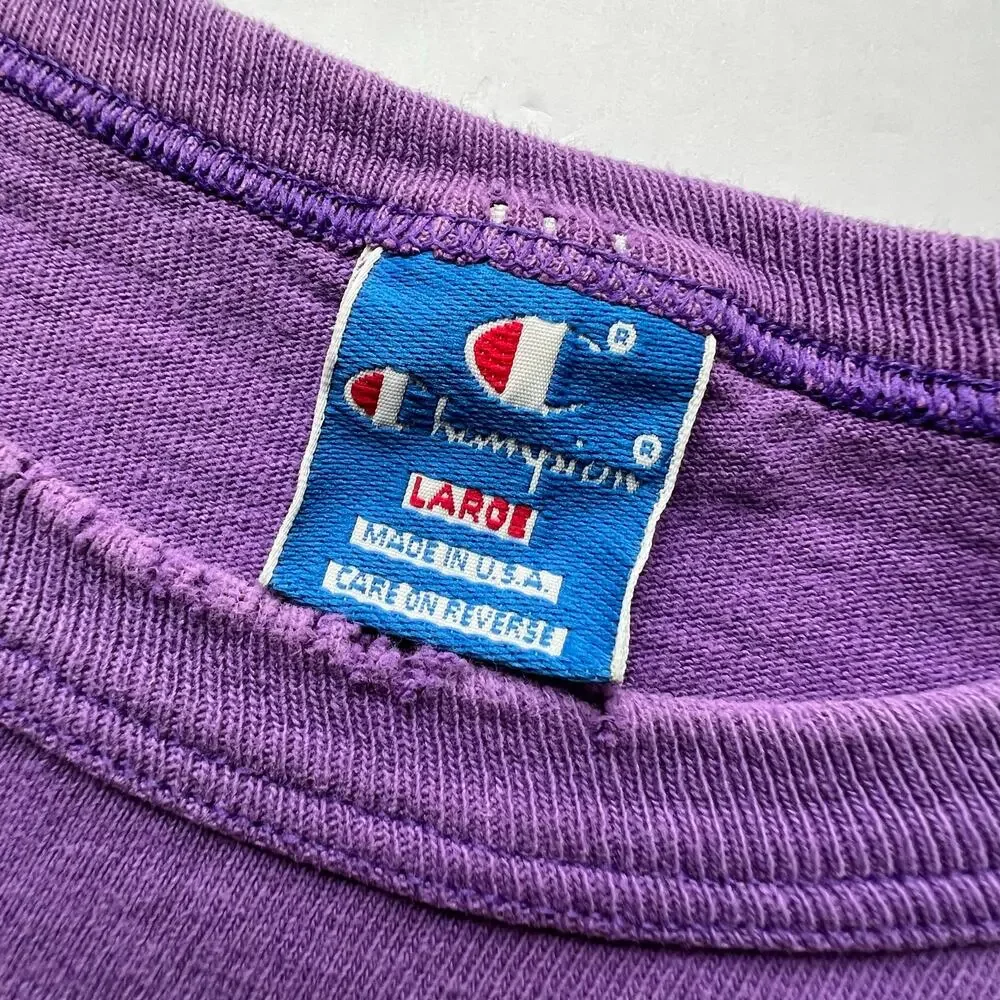 Vintage Champion USA Made Spellout Purple Script T Shirt Single Stitch Tee 80s - Picture 2 of 16
